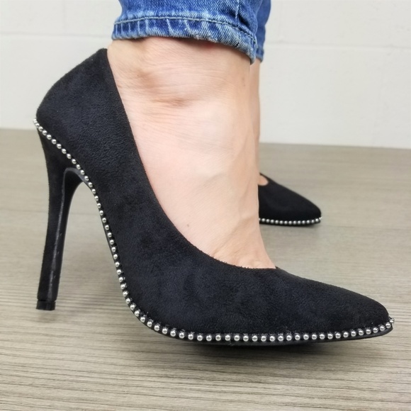 Black vegan Suede High Heel Pumps With Studs -gg - Picture 8 of 8